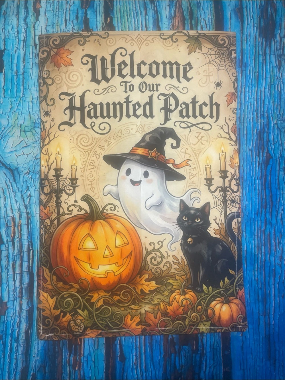 Welcome to Our Haunted Patch Halloween Decorative Flag - Orange, Black, White